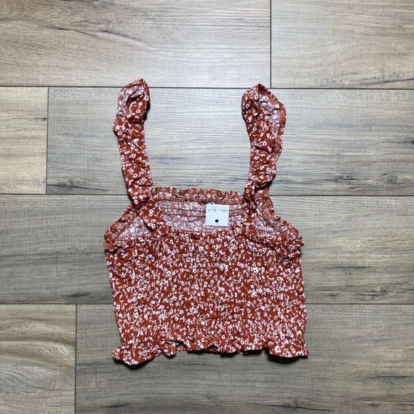 Ultra Flirt Womens Juniors Floral Smocked Cropped Tank Top Size M Brown White - Picture 5 of 7